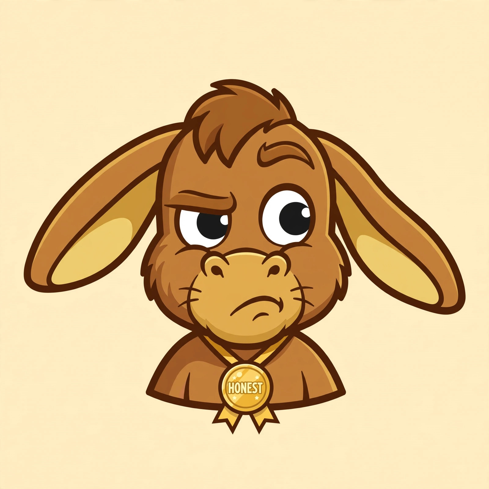 NoLies grumpy donkey mascot wearing an HONEST medal